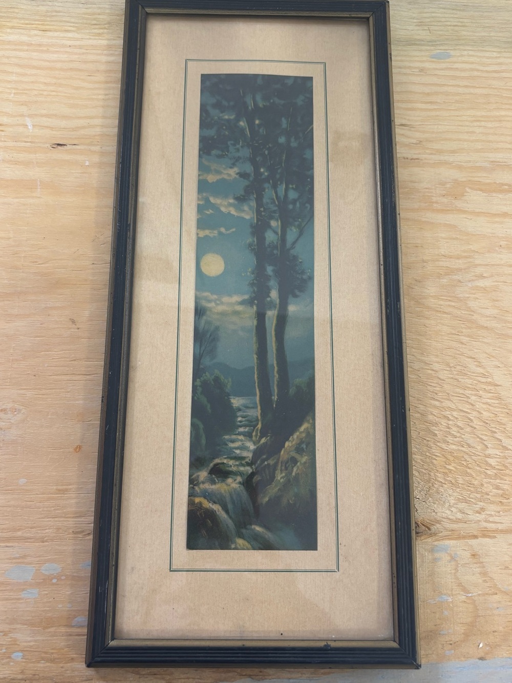 Vintage Moonlit Forest Waterfall Landscape Framed Wall Art